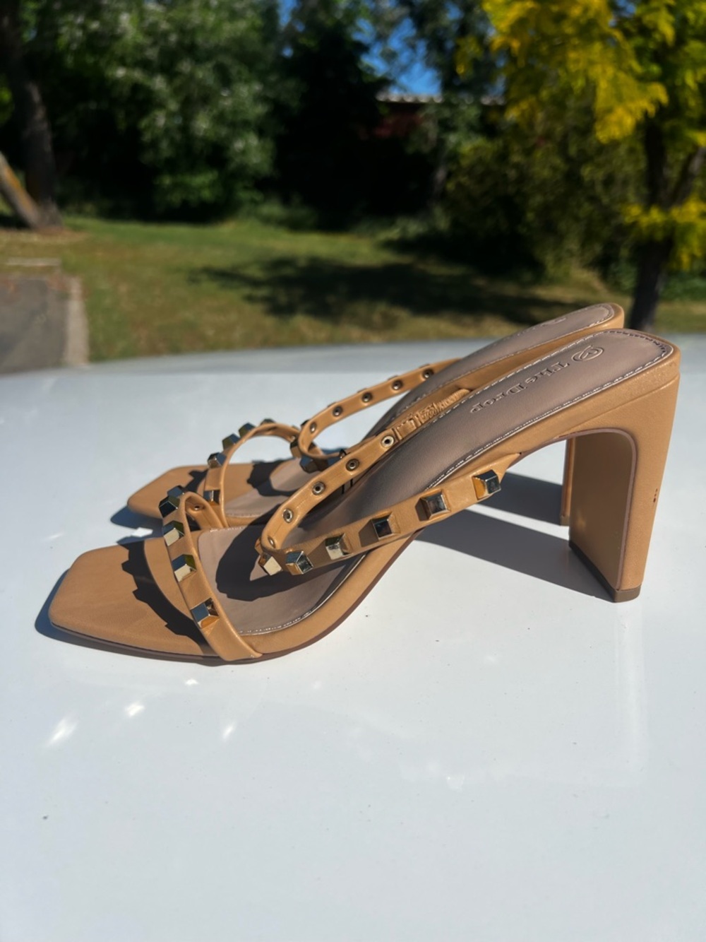 The Drop Women’s Every Square Toe Two Strap High Healed Sandal Doe Tan Sz 9 1/2 - Picture 7 of 8